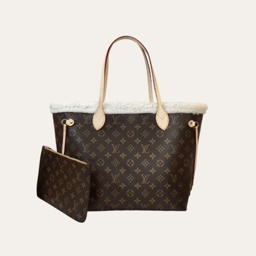 Louis Vuitton Neverfull Monogram Shearling Trim MM Brown 12.2 Inches M56960